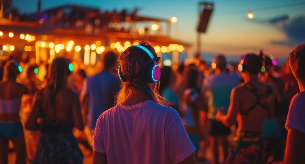A young woman wearing colorful LED headphones stands among a crowd at a vibrant beach party in Zurich, bathed in twilight hues.