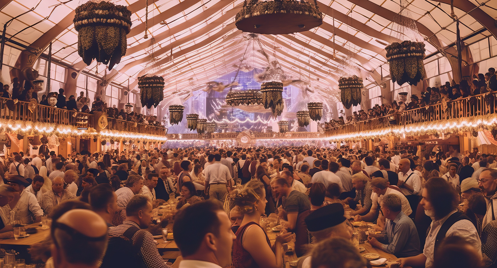 Traditional Bavarian festival with long tables and festive lights.