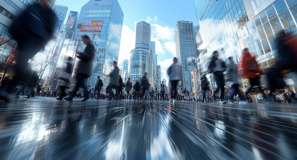 Shoppers and commuters moving through Osaka’s high-rise commercial district.