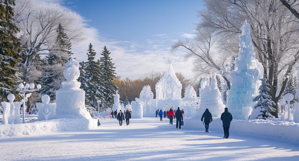 Ornate ice palaces and frozen towers illuminated by sunlight at Ottawa’s seasonal ice festival.