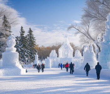 Visitors walking through a snow-covered park lined with intricate ice sculptures during winter in Ottawa.