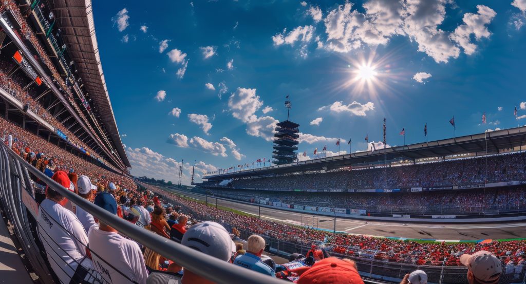 The iconic Pagoda tower looms over race fans at the Indy 500 on a sun-soaked afternoon.