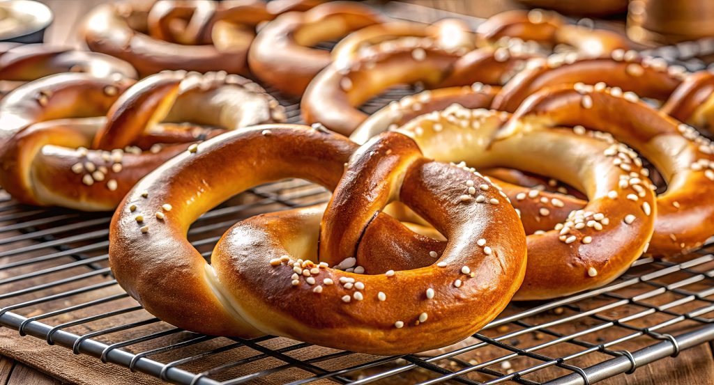 Golden brown pretzels with sesame seeds, a beloved Philly street food tradition.