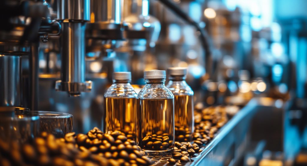A sleek coffee production line with bottles of concentrated brew and espresso beans, highlighting Seattle’s industrial coffee culture.