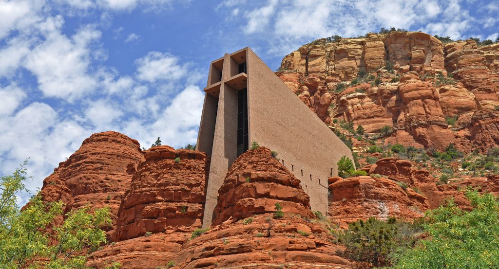 Modernist church structure embedded in Sedona’s iconic sandstone formations