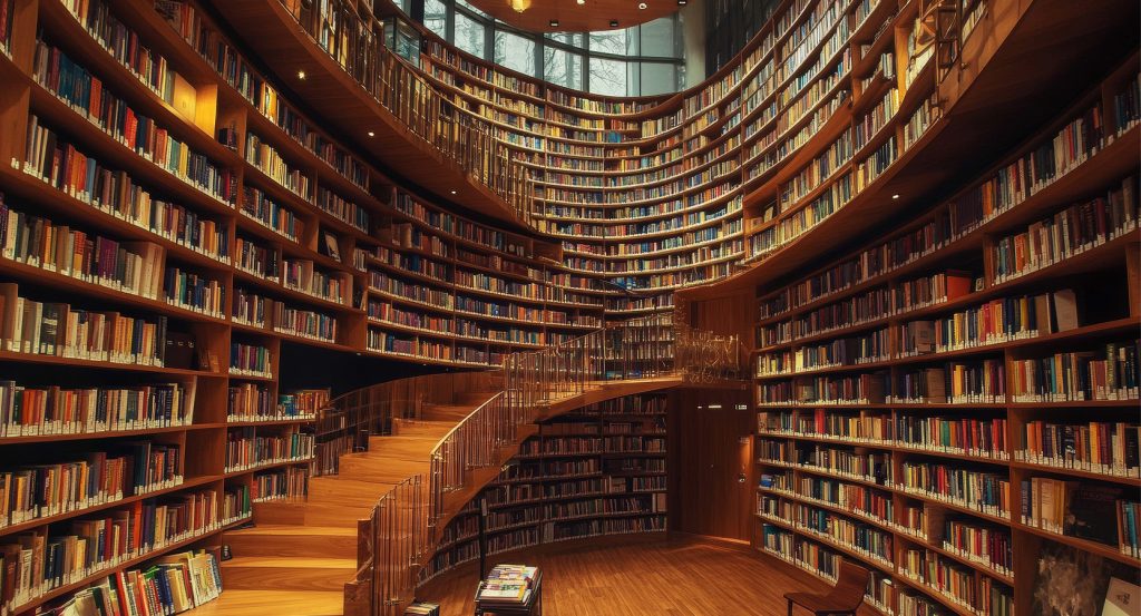Wide-angle view of a circular multi-level library with glowing wood tones and floor-to-ceiling books.