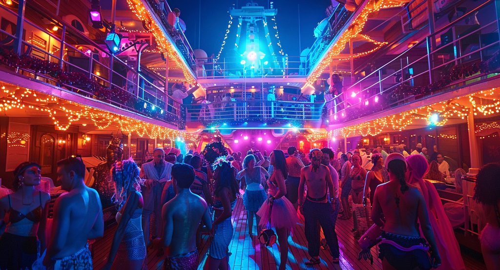 Nighttime party scene aboard a Belgrade floating club with neon lights, music, and people dancing under the stars.