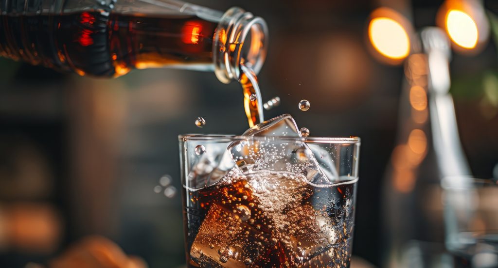 Close-up of a fizzy cola drink being poured in a warmly lit Southern bar, highlighting the heritage of soda culture in Atlanta.