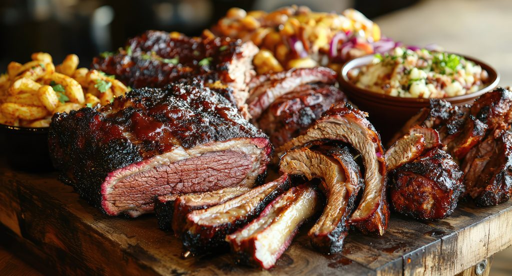 Close-up of juicy, charred barbecue meats served with baked beans, coleslaw, and seasoned snacks.