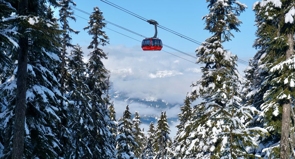 Red gondola gliding between snow-covered trees in Whistler, British Columbia on a bluebird winter day.