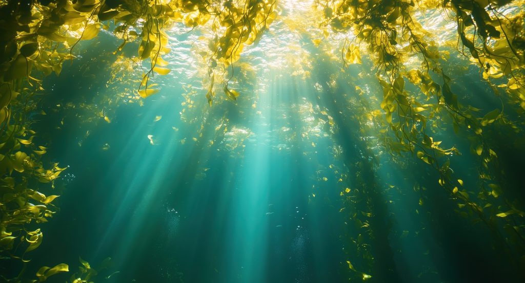 Underwater view of golden kelp canopies glowing in the Pacific near Monterey, California.