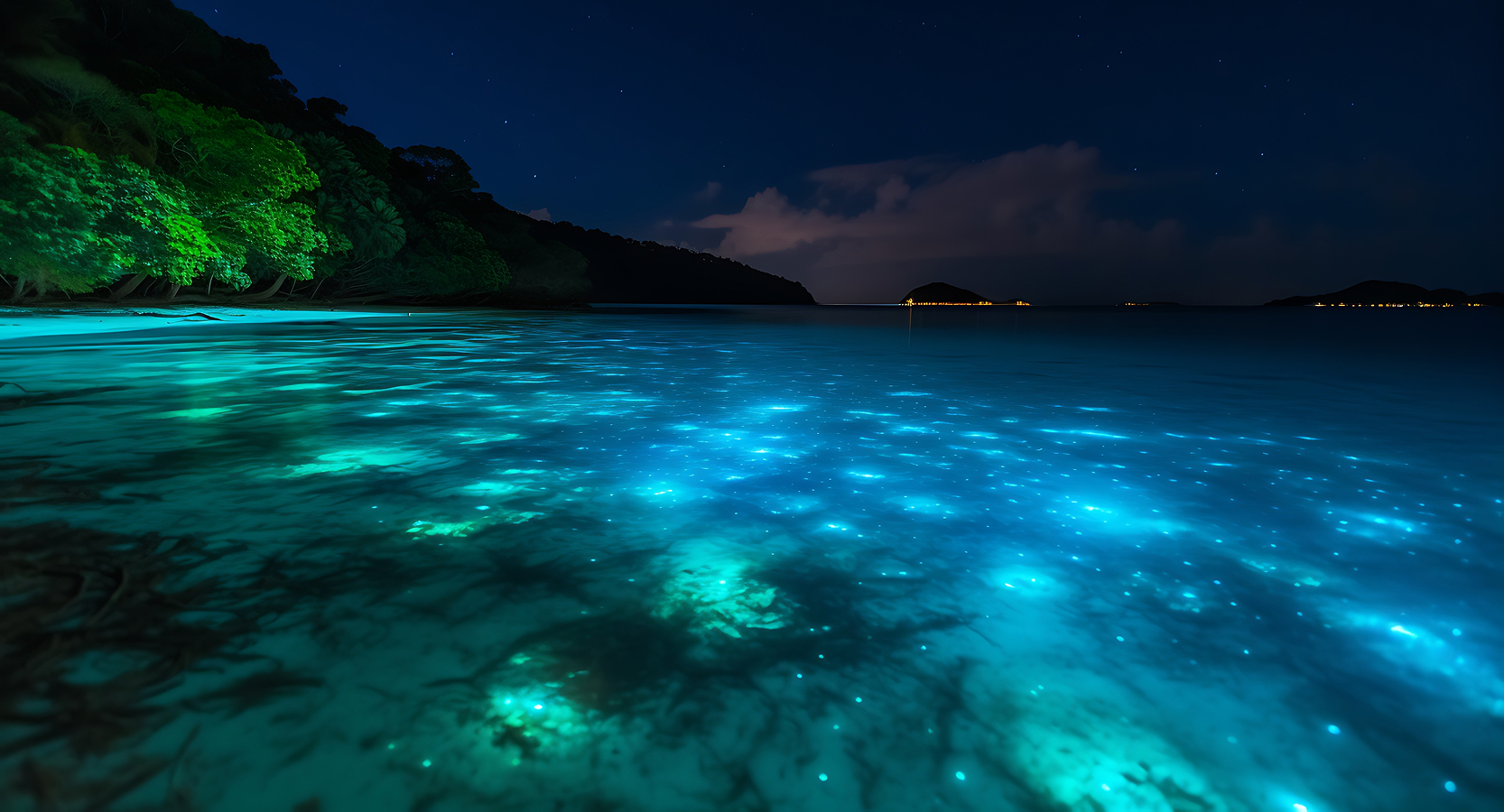 Sparkling blue bioluminescence near jungle-covered coast in Tulum, Mexico