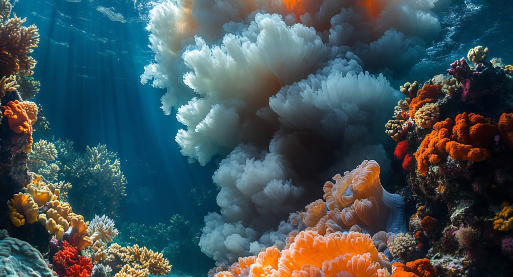 Colorful marine corals and soft sea plumes thriving in clear tropical waters off Waikoloa.