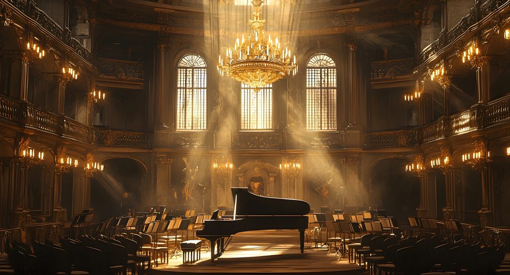 Empty concert hall in Vienna with warm sunlight streaming onto a lone grand piano beneath a chandelier.