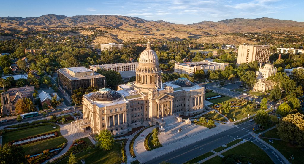 Aerial view of downtown Boise with historic domed capitol