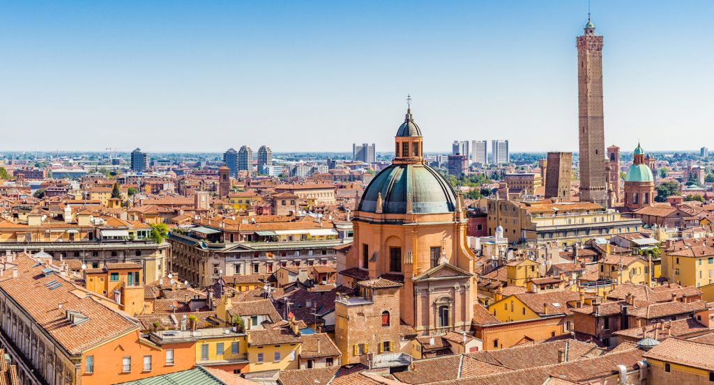 Bologna skyline featuring the iconic dome and medieval Asinelli Tower