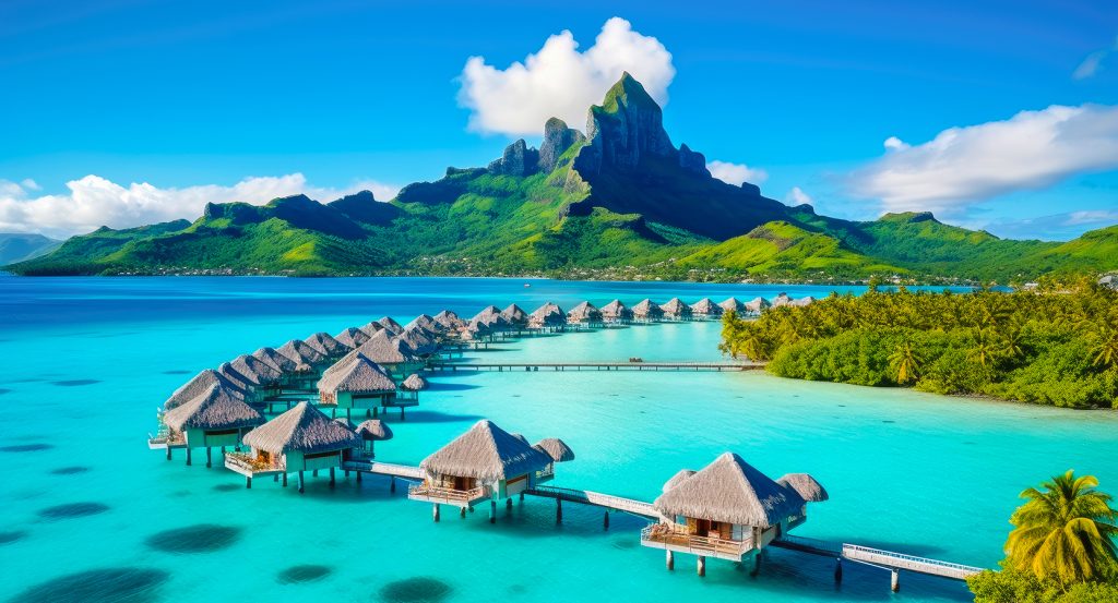 Lagoon-side huts and emerald peaks bathed in sunlight on a perfect day in Bora Bora, French Polynesia.