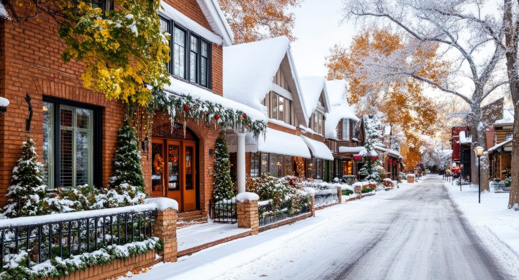 Charming winter homes and trees dusted with snow in Breckenridge
