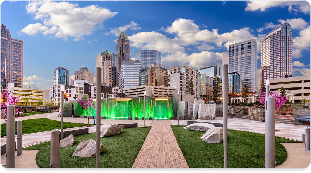 Scenic view of Uptown Charlotte with parks and skyscrapers