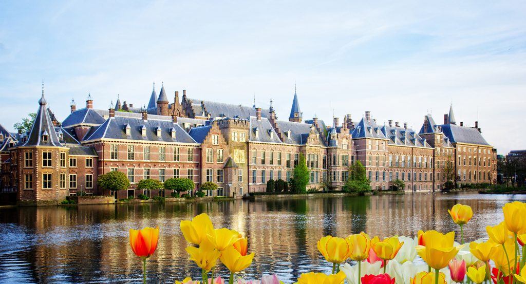 View of The Hague’s Binnenhof and Hofvijver lake surrounded by spring tulips