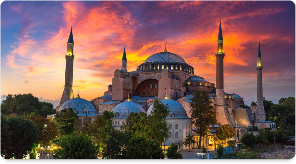 Luxury hotel rooftop in Istanbul with Hagia Sophia in the distance