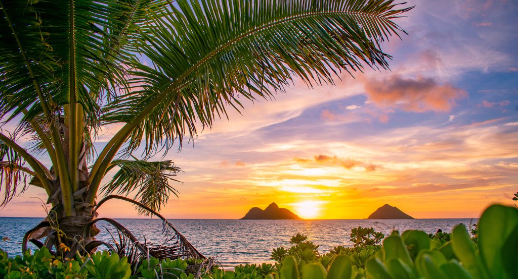 Tropical beach sunrise in Kailua with the Mokulua Islands glowing under golden skies