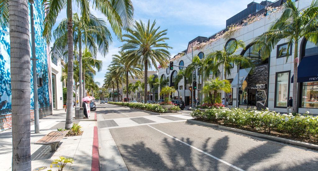 Sunny shopping district on Rodeo Drive in Los Angeles