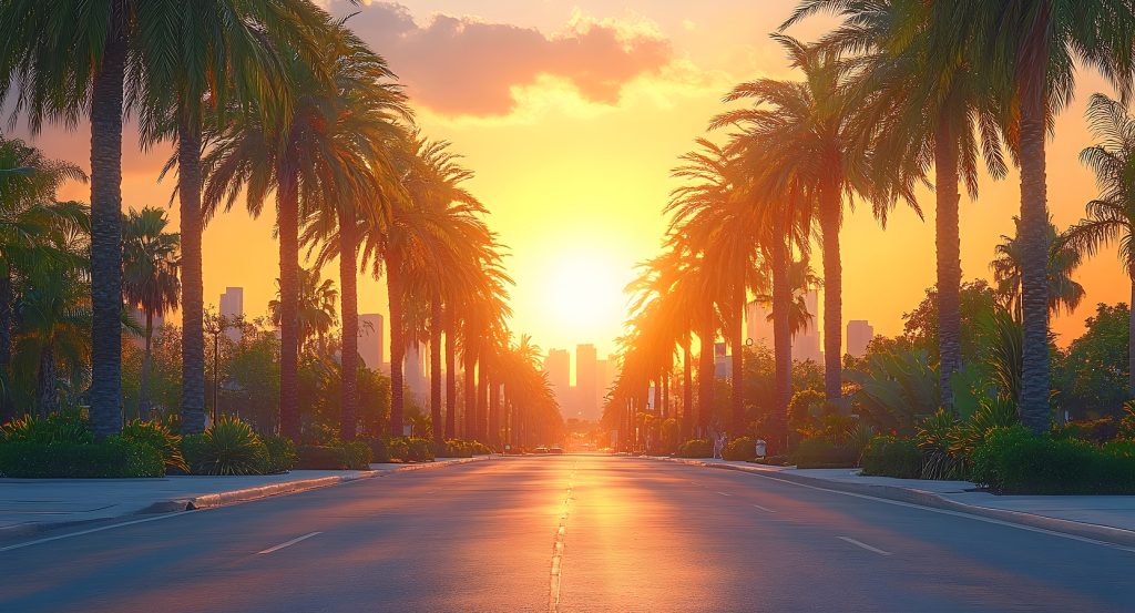 Palm-lined boulevard glowing at sunset with the Los Angeles skyline softly silhouetted in the distance