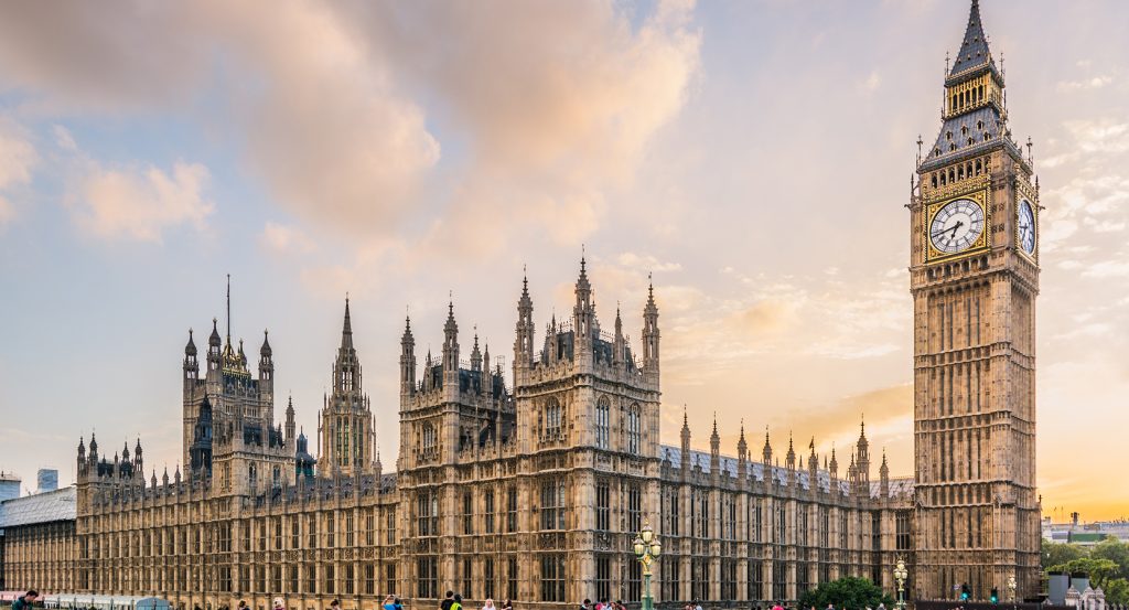 Twilight glow on London’s Parliament and Big Ben, capturing timeless elegance in the city’s historic heart