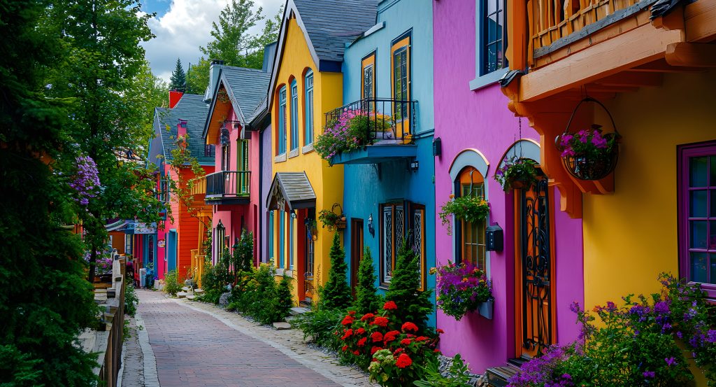 Charming cobblestone street in Mont-Tremblant lined with rainbow-colored storefronts and balconies.