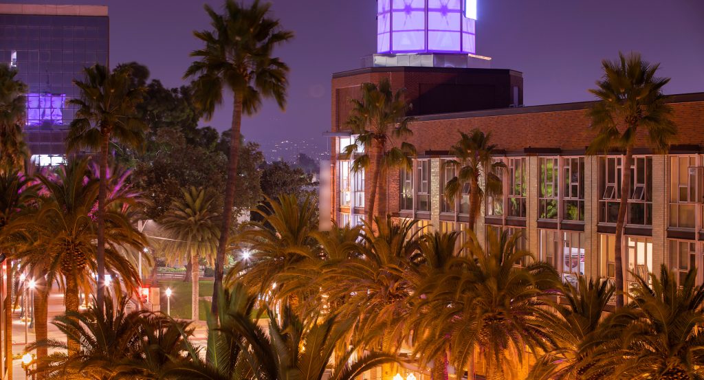 Santa Ana’s palm-lined streets shimmer under city lights and a glowing tower dome after dark.