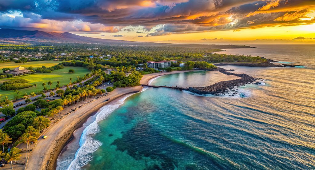 Scenic shoreline of Waikoloa at golden hour, framed by palm trees, rocky outcrops, and tropical greenery.