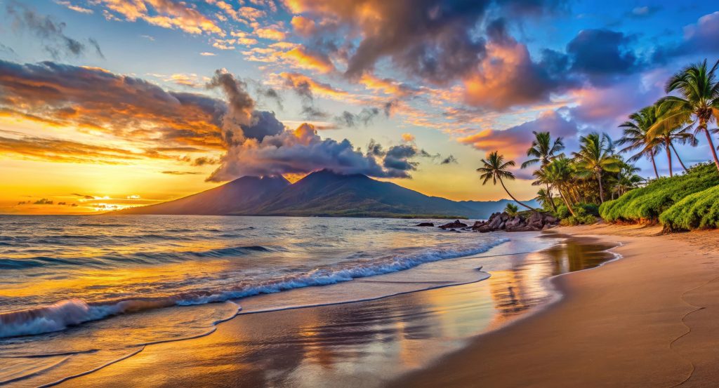 Golden hour light reflects on Wailea’s shoreline, with cloud-capped mountains in the distance.