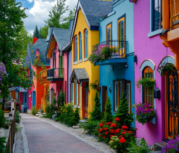 Colorful row of vibrant houses with flower boxes in Mont-Tremblant’s pedestrian village.