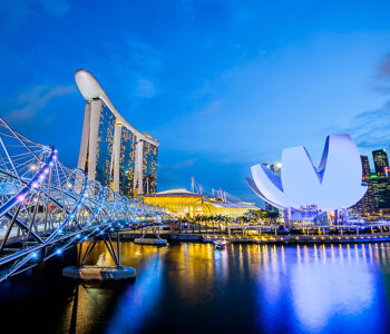 Singapore Marina Bay skyline at night with Marina Bay Sands and ArtScience Museum