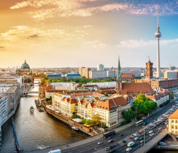 Panoramic view of central Berlin with the Spree River and TV Tower.