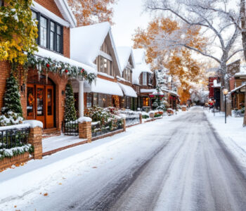 Snow-covered street lined with festive brick cottages in Breckenridge