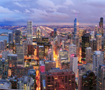 Chicago skyline view at dusk from above.