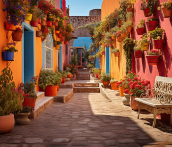 Adobe buildings glowing under the warm desert sunset in downtown Santa Fe.