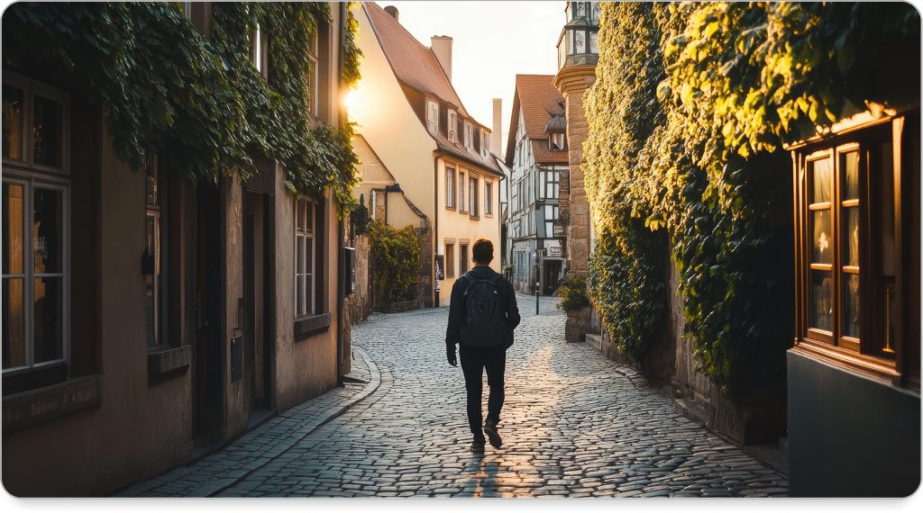 Solo traveler walks through sunlit European alley on day one travel stroll