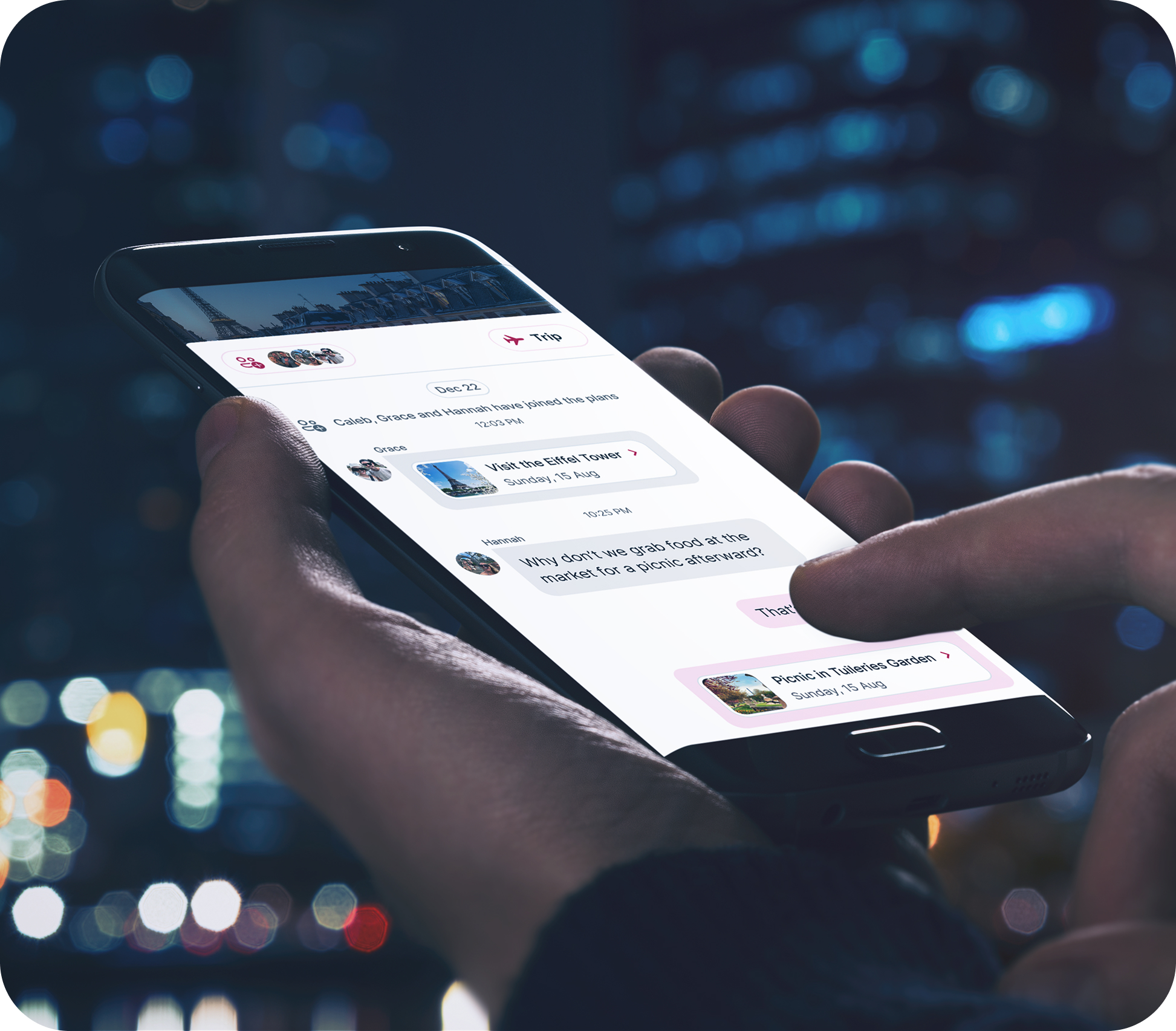 A person holds a phone showing a group chat about trip planning in the Foresyte app, with a city skyline blurred in the night background.
