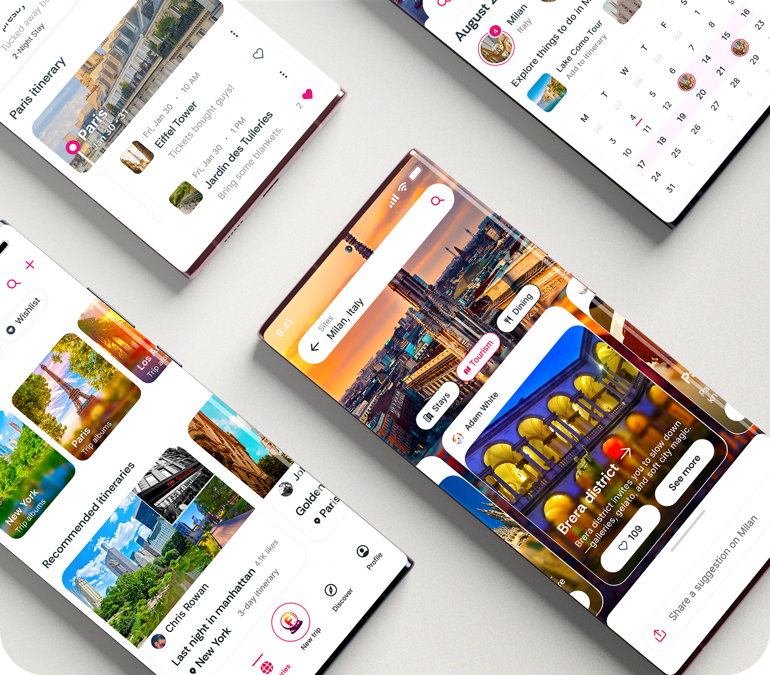 Foresyte mobile app preview showing community itineraries, personalized city suggestions, and curated trip planning tools in a sleek interface featuring destinations like Paris, New York, and Milan.