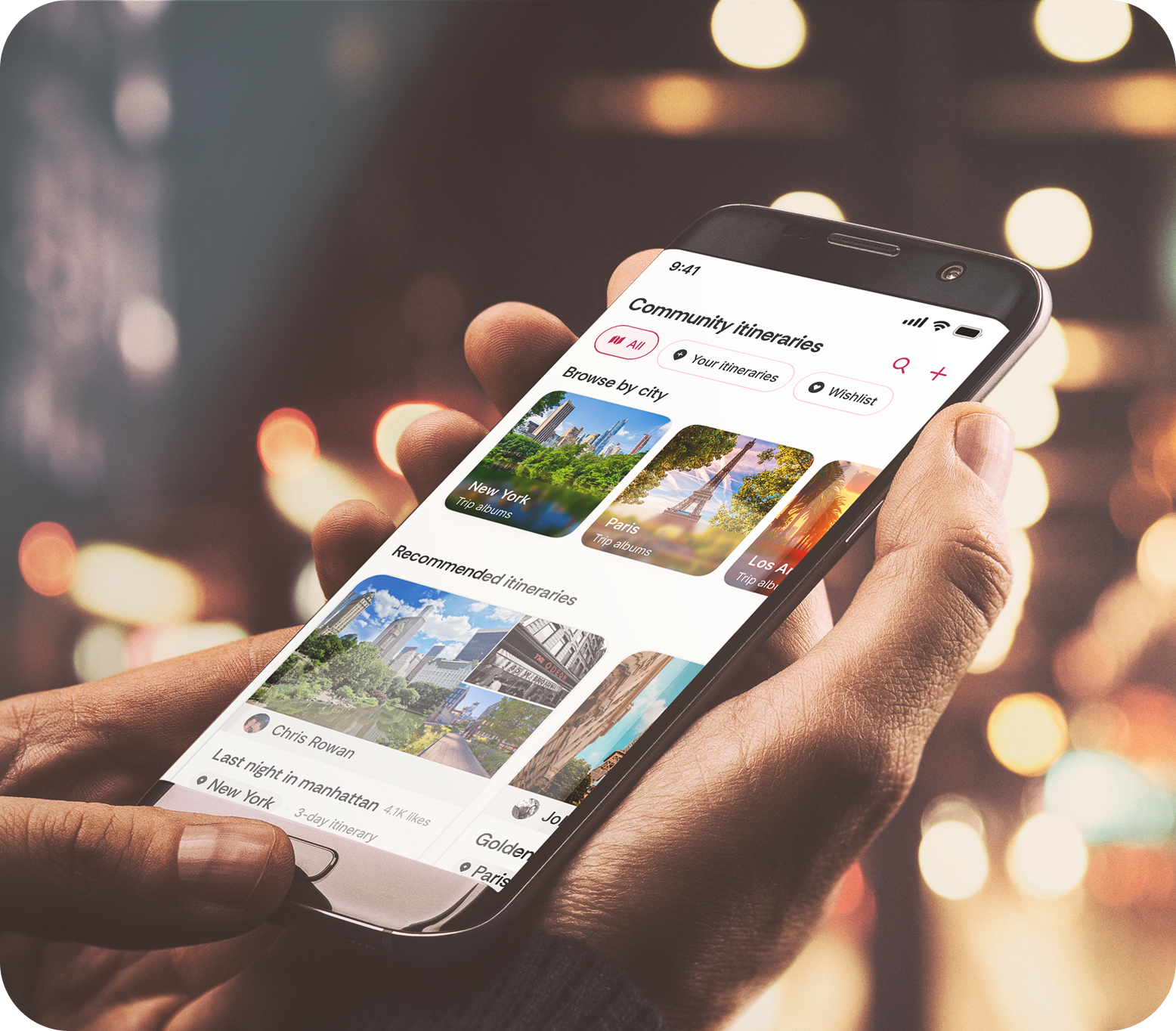 A person holding a smartphone showing the Foresyte app interface, displaying community itineraries and travel destinations like New York, Paris, and Los Angeles.