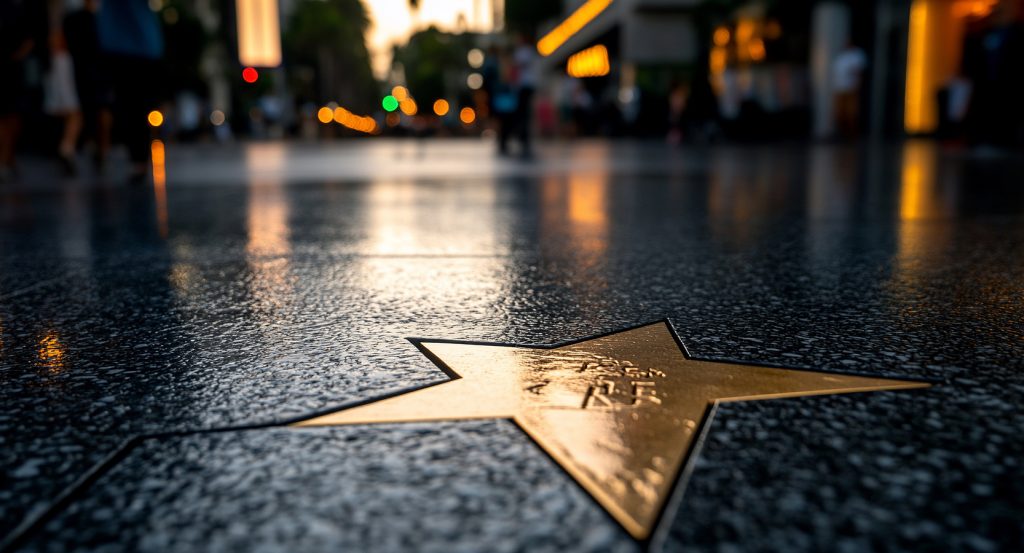 Close-up of a gold star on the Hollywood Walk of Fame at dusk, reflecting city lights.