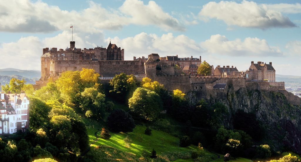 Aerial view of Edinburgh Castle atop Castle Rock in Scotland