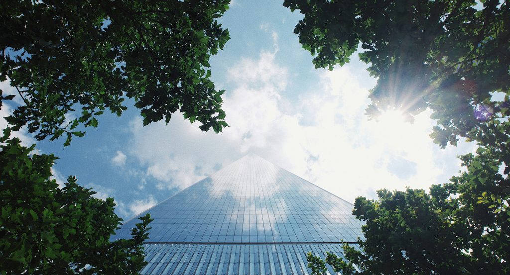 Sunset skyline view from One World Observatory in New York City