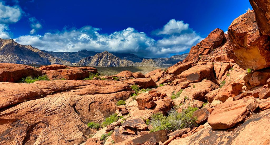 Calico Tanks Trail with vibrant red sandstone and blue sky