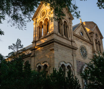 Exterior of St. Francis Cathedral in Santa Fe with Romanesque Revival architecture