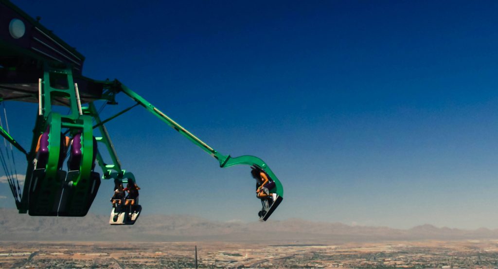 Thrill ride extending over the edge of the Stratosphere tower