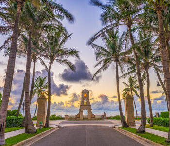 Worth Avenue Clock Tower framed by royal palms at sunrise overlooking the Atlantic Ocean in Palm Beach, Florida.